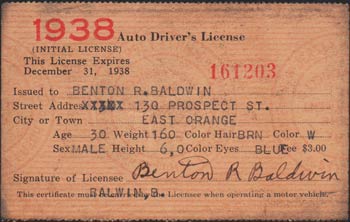 B.R. Baldwin, NJ Driver's License, 1938 (Source: Baldwin)